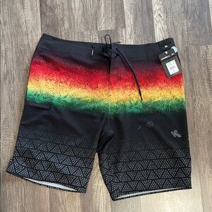 O'Neill Black and Red Board Shorts with Geometric Design